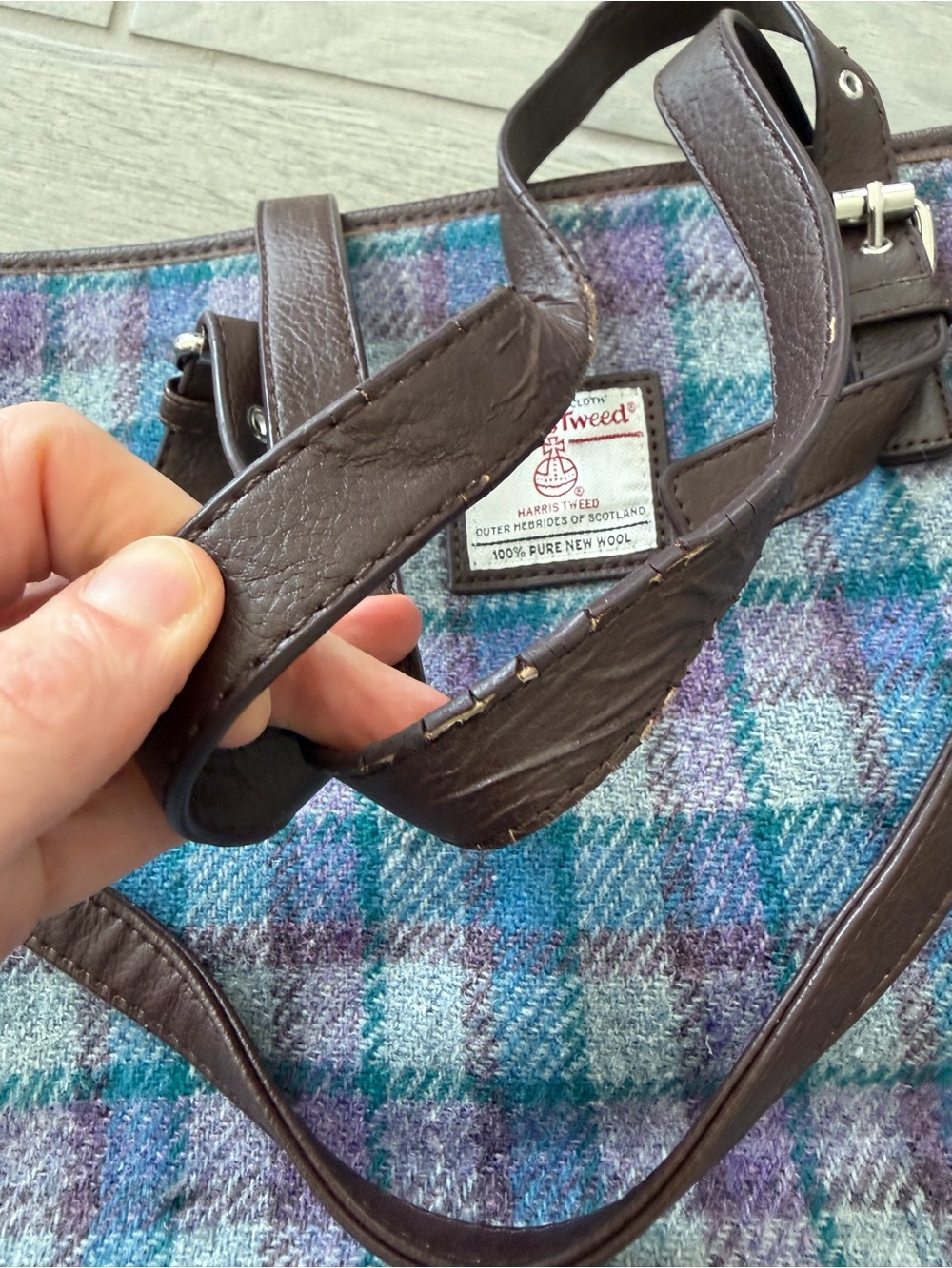 The Glen Appin Harris Tweed Classic Spey Tote Purple Teal Wool Bag GUC - Picture 12 of 14